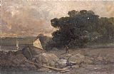 landscape with rocks, man and sailboats by Edward Mitchell Bannister